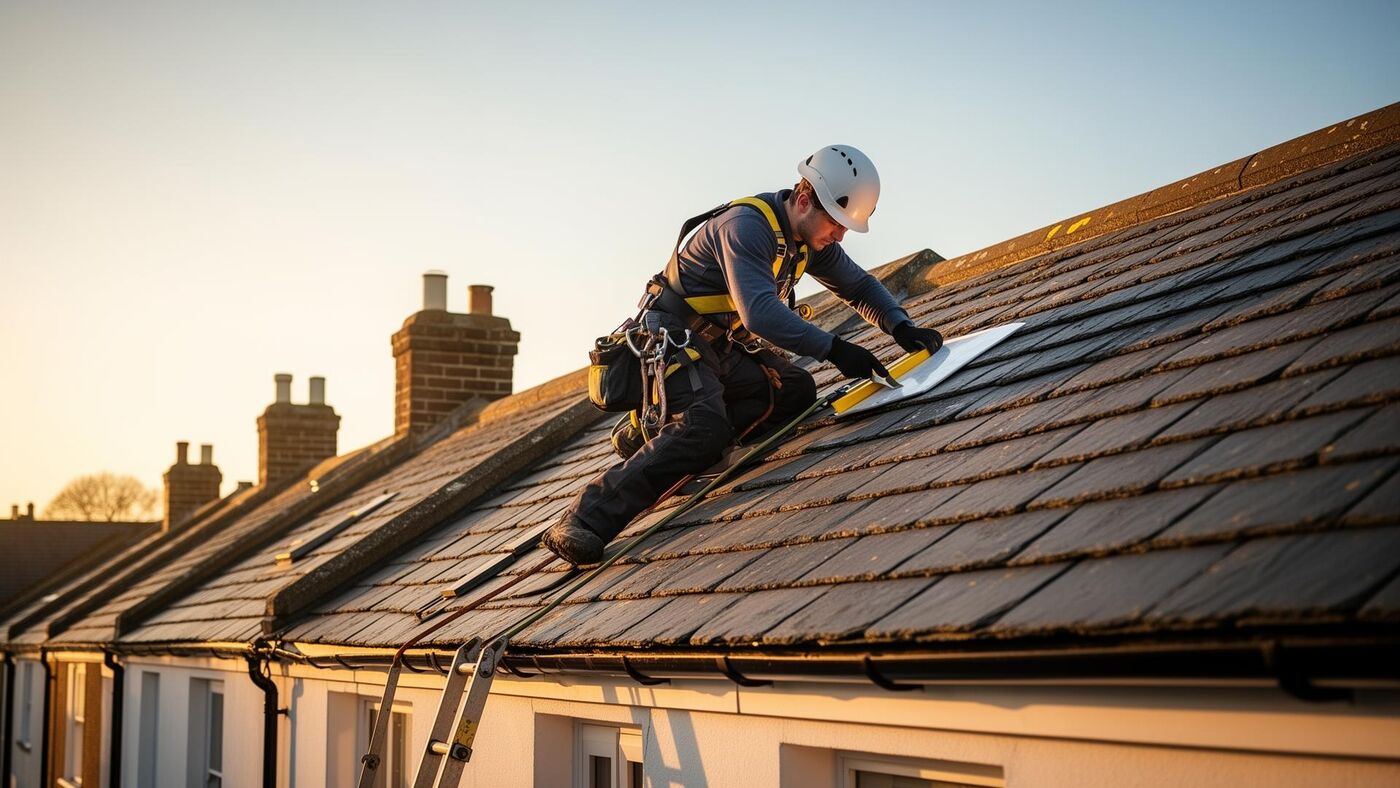 Professional UK roofer inspecting a slate roof at golden hour